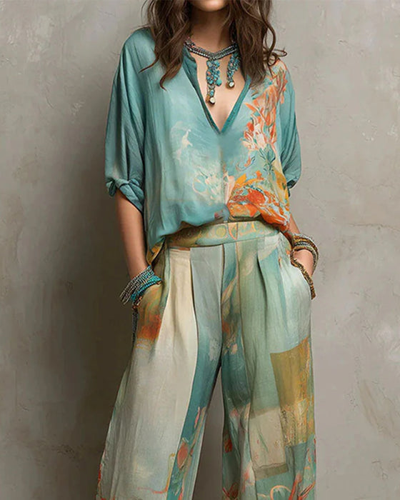 Sett V-Hals Blomstret Bluse + Rette Ben Bukser