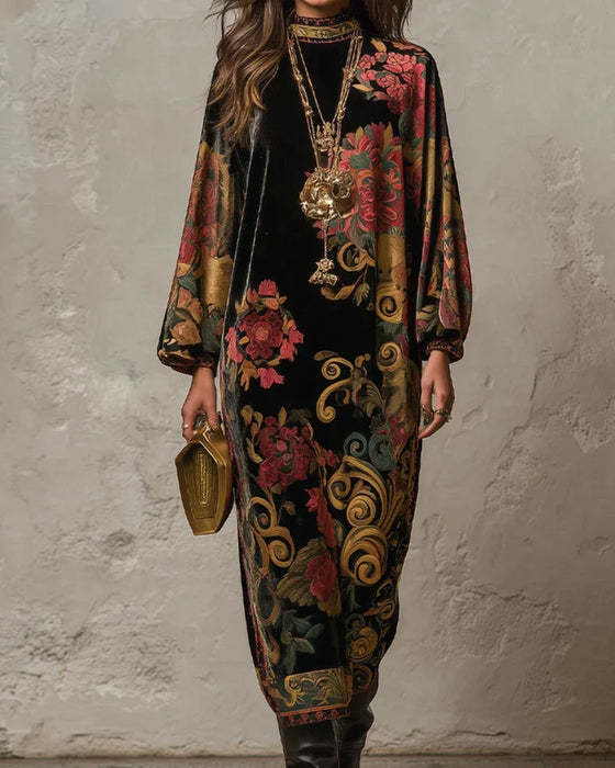 Kjole Mock-Neck Floral Velvet Langermet Maxi