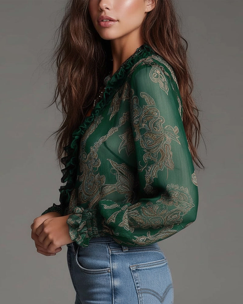 Bluse Halvglidelås Rysje Retro