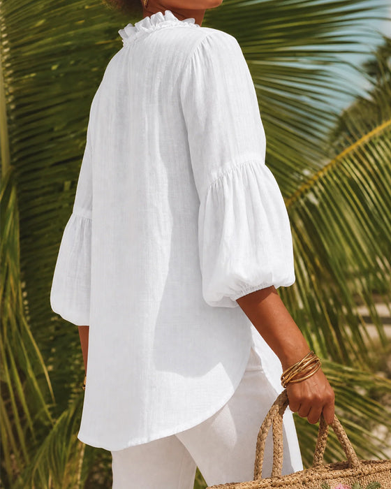 Bluse Ruffle Kant Puffererme V-Hals