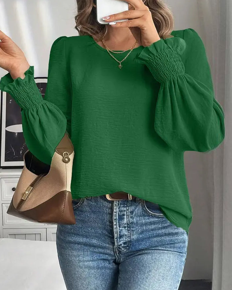 Dame Topp i Ensfarget Hverdagsstil med Rund Hals