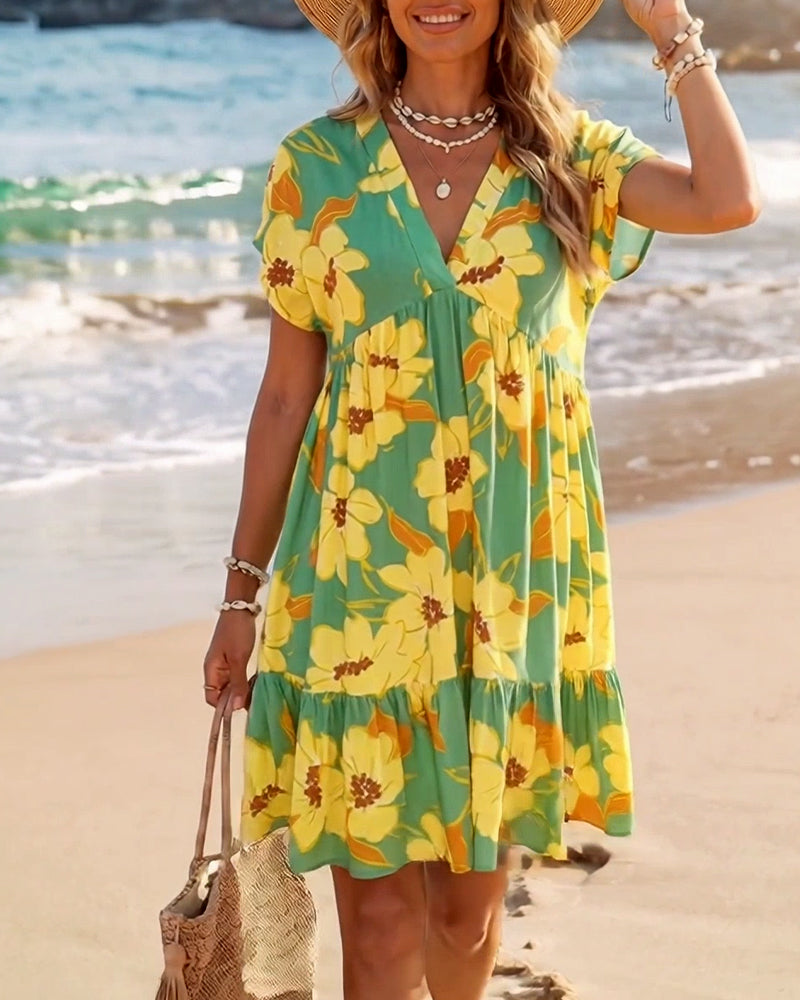 Babydoll Kjole V-Utringning Blomstret Trykk