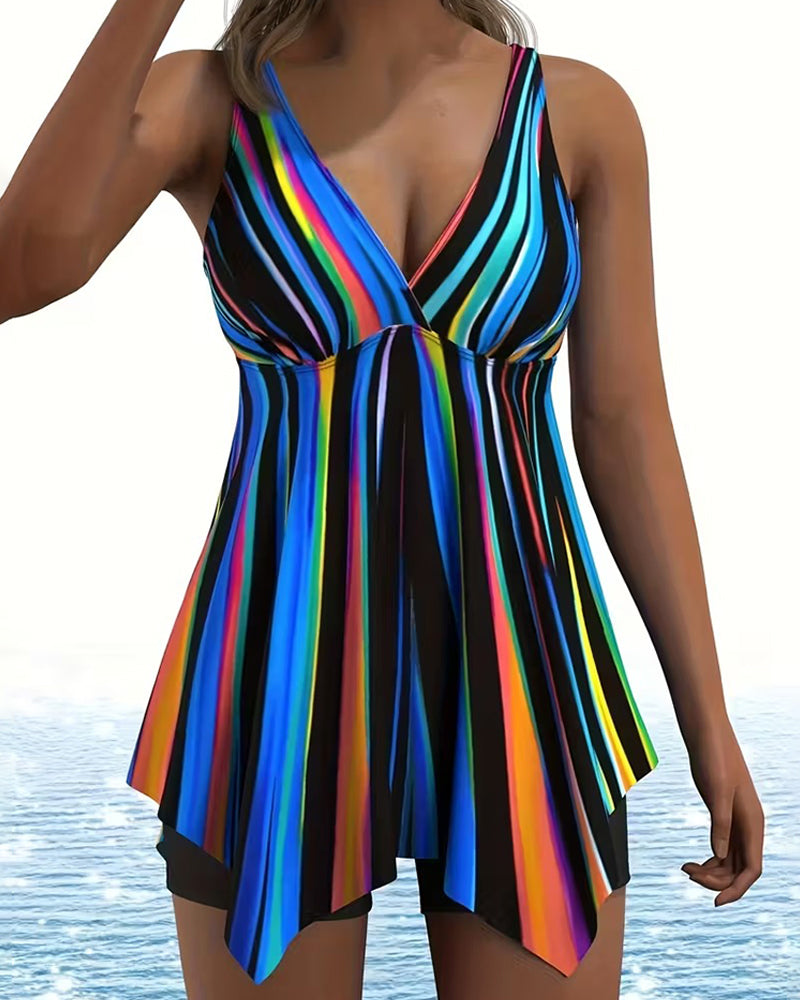 Tankini V-Hals Regnbuestripet Uregelmessig