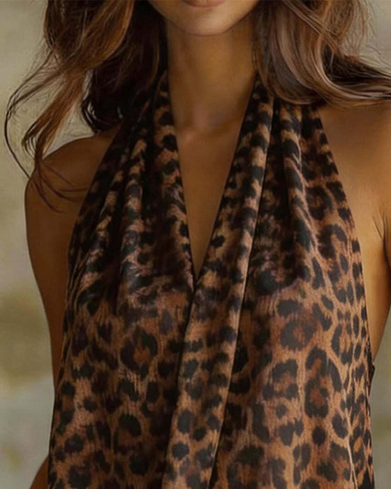 Blus V-Hals Halter Leopard Ärmlös