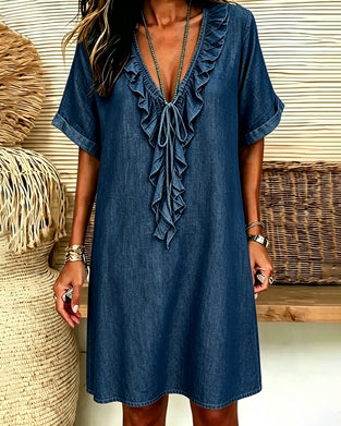 Kjole V-Hals Denim Ruffle