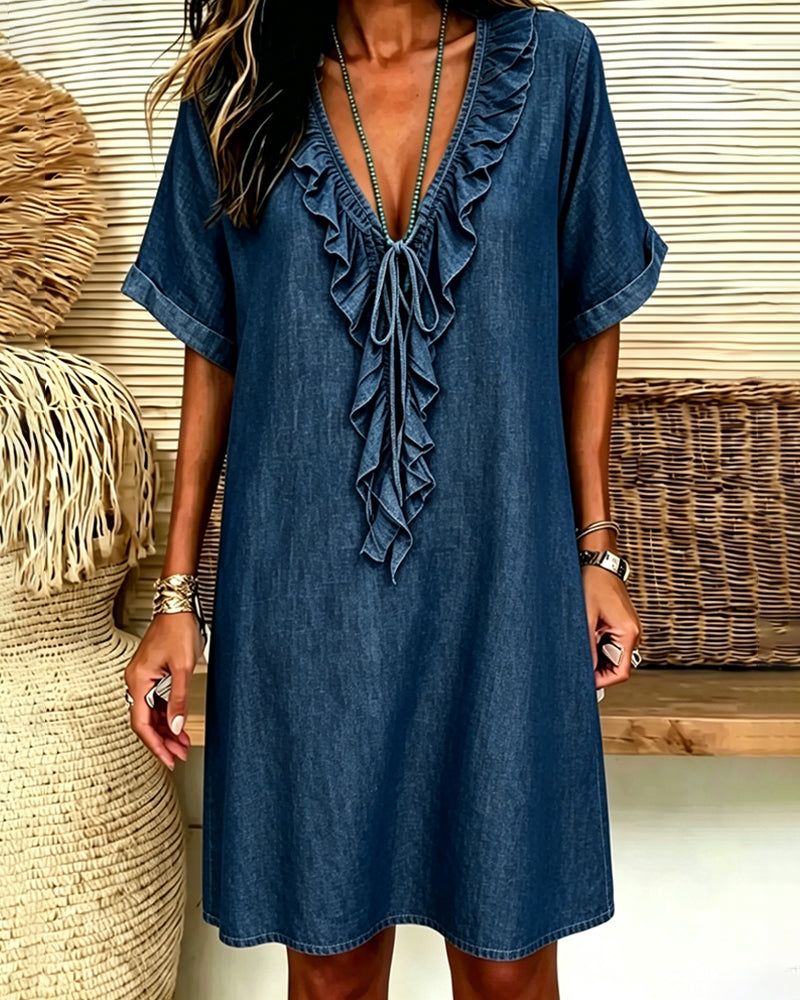 Kjole V-Hals Denim Ruffle