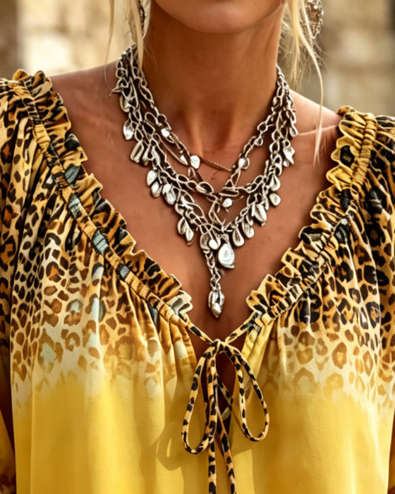 Bluse V-Hals Leopardmønster Snøring