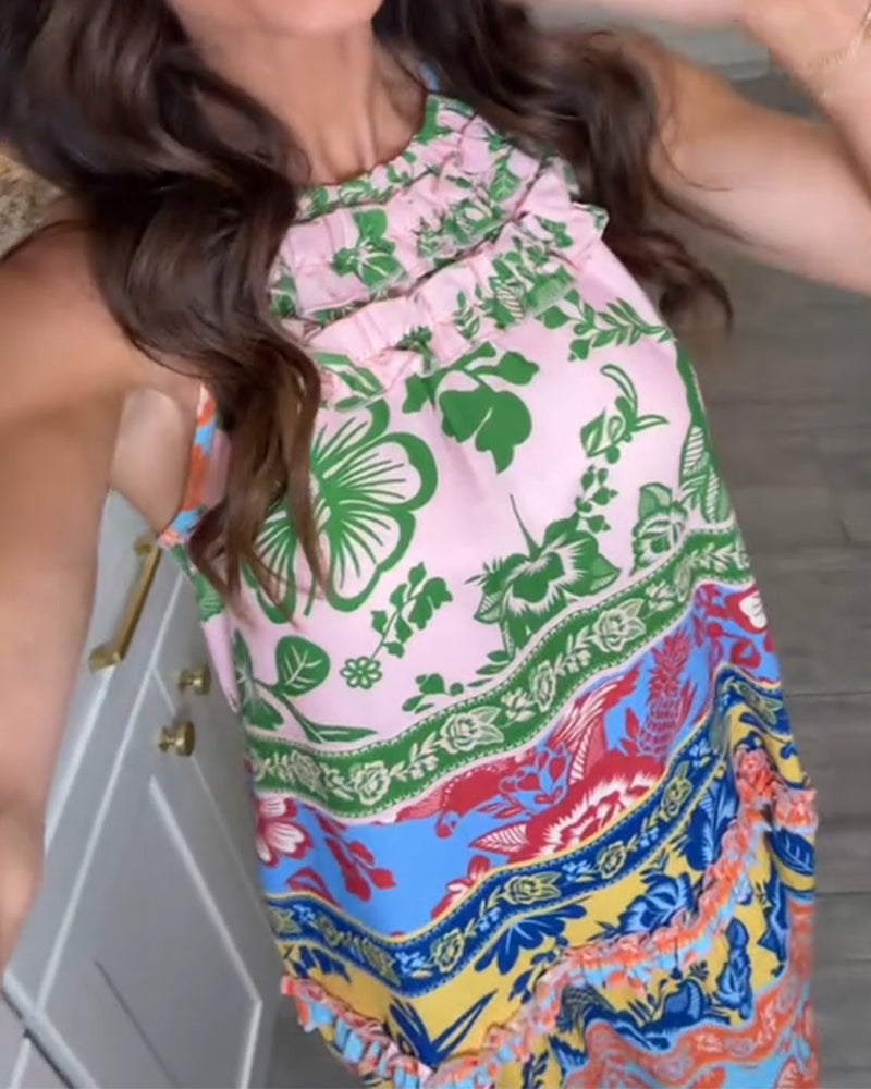 Kjole Trykt Kontrastfarge Ermerløs