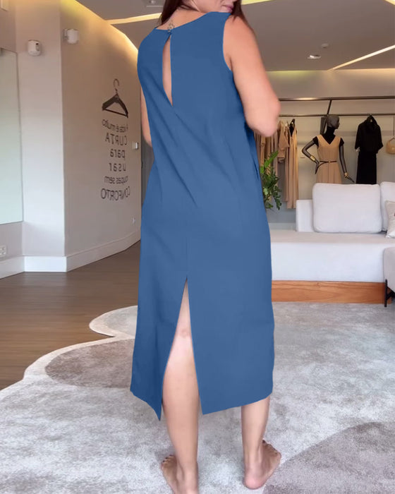 Kjole avslappet v-hals ermeløs ensfarget splitt