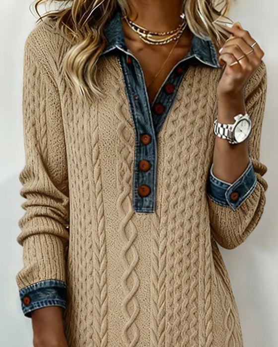 Kragekjole I Denim Med Flettestrikk Og Lappverk