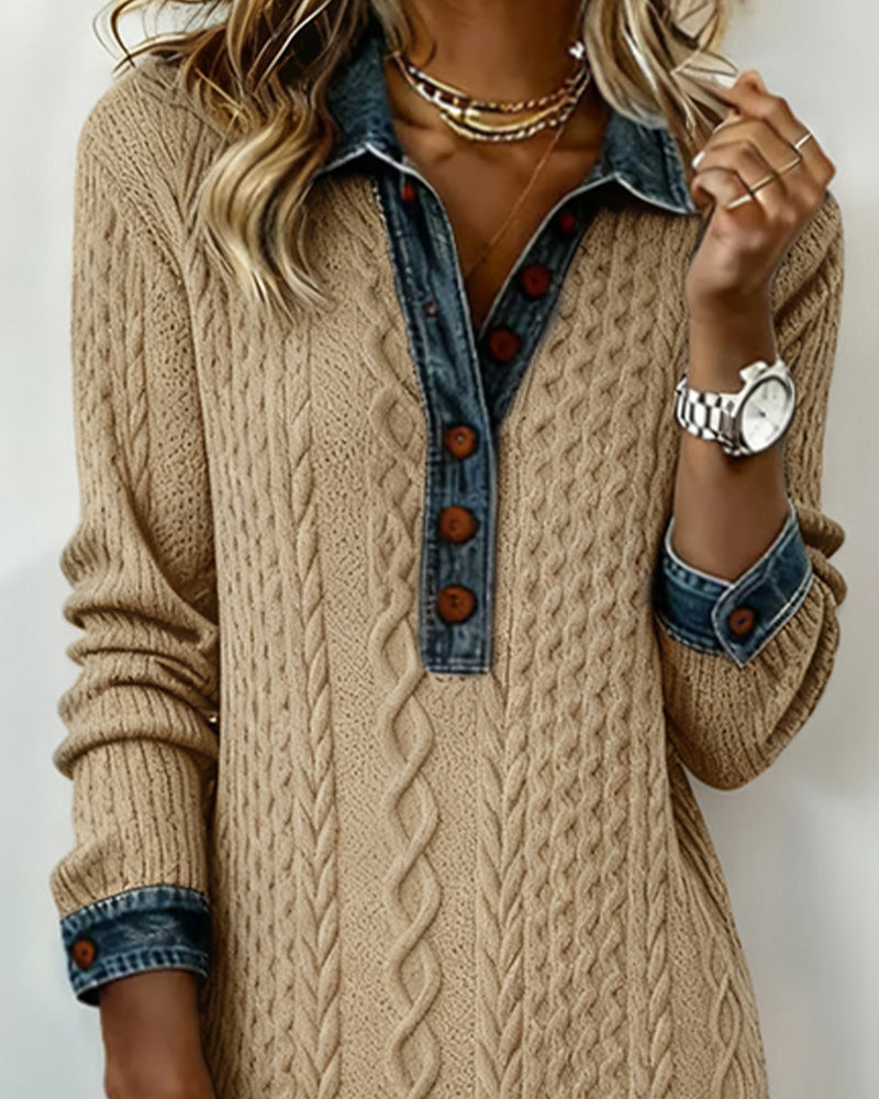 Kragekjole I Denim Med Flettestrikk Og Lappverk