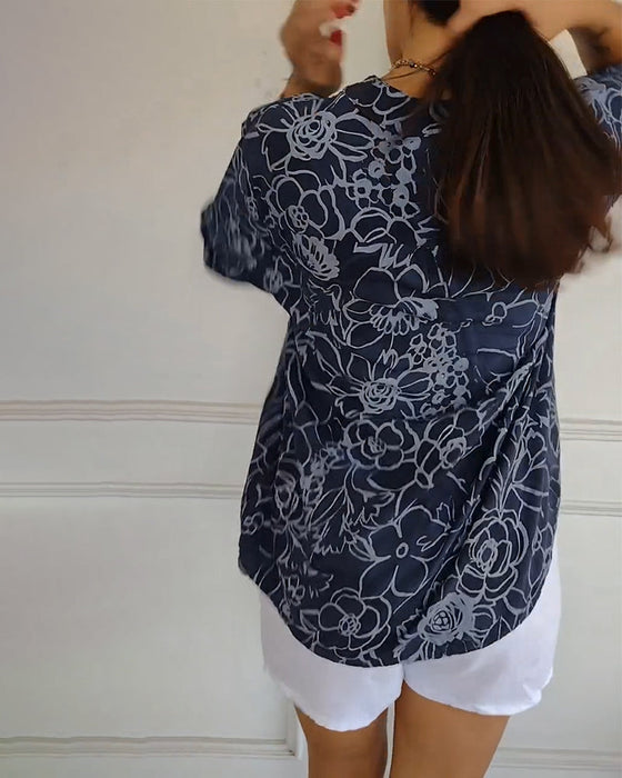 Bluse V-hals Knapper Nedtrykt