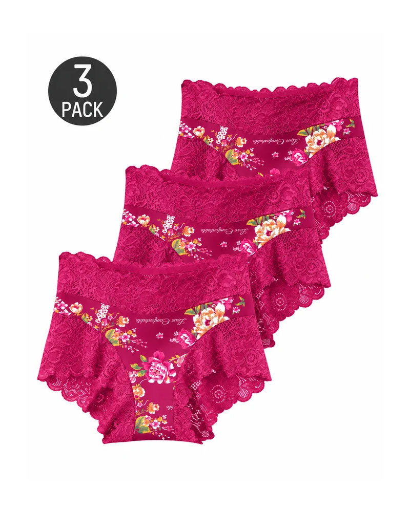 Truser 3-Pack Høy Midje Blomstret Trykk Blonde Kant
