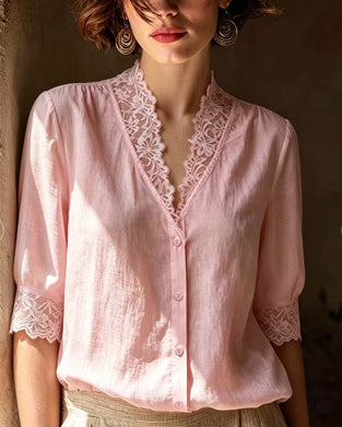 Bluse V-Hals Blonder Patchwork Solid Tre Kvarter Erme