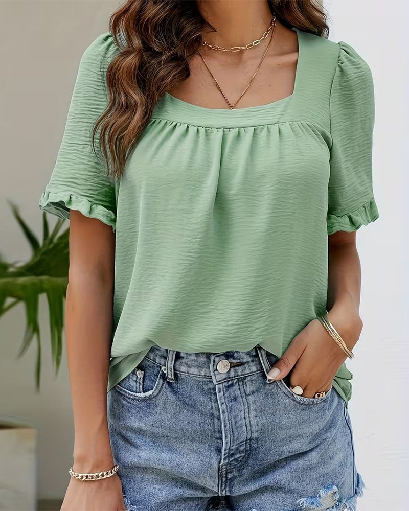 Bluse Firkantet Hals Rynket Erme