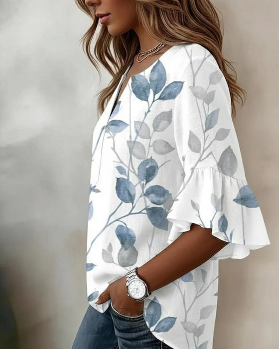 Bluse Flutter Flare Erme Blad Trykk