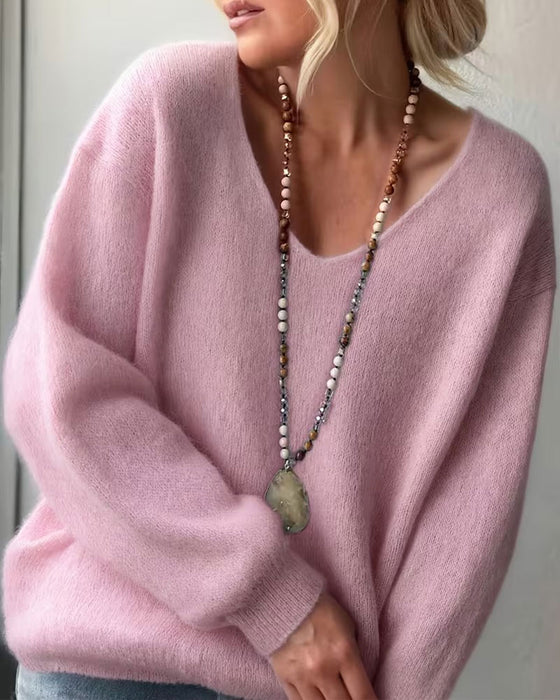 Pullover Ensfarget V-Hals Raglanskulder