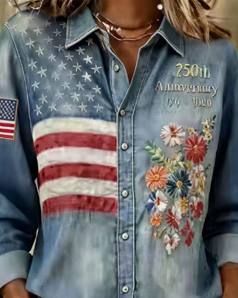 Skjorte Nedfellbar Krage Trykk Broderi