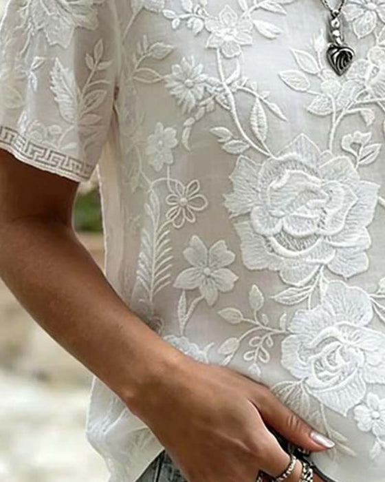 Bluse Rundhalset Brodert Blonder Patchwork
