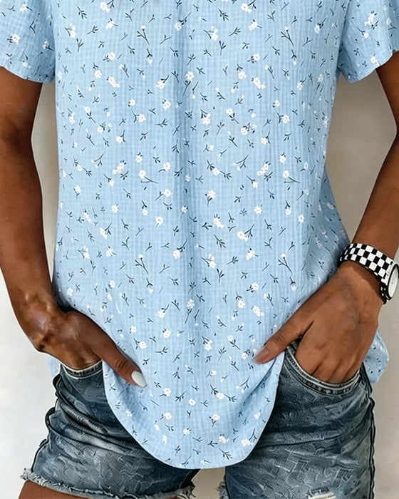 T-Shirt V-Hals Blomstrende Kort Erme
