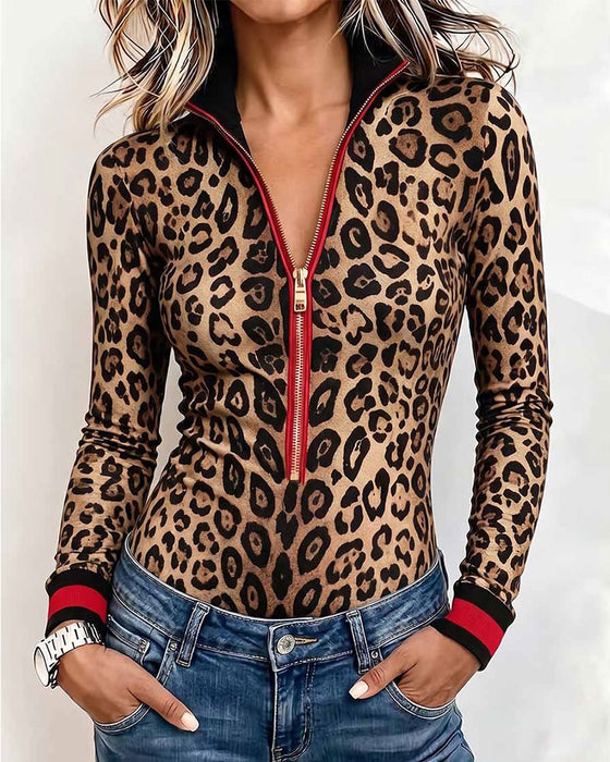 Topp Leopardmønster Halv-Zip Langermet