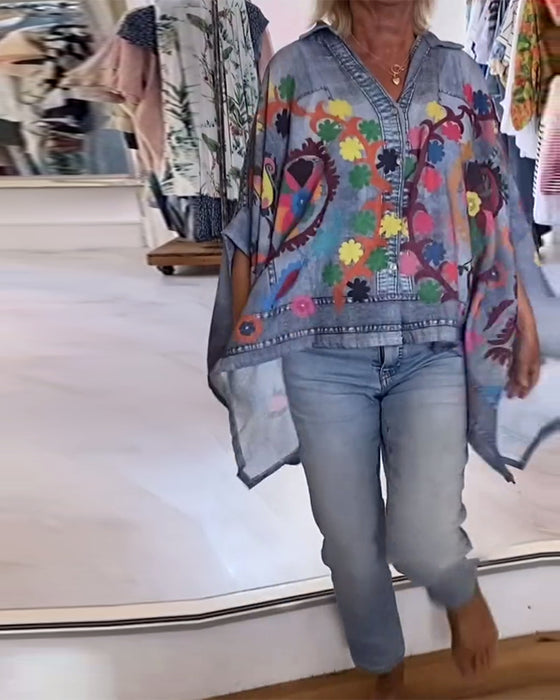 Bluse Uregelmessig Print Falsk Denim