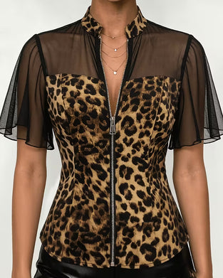 Bluse Leopard Patchwork Mandarin Krave Glidelås