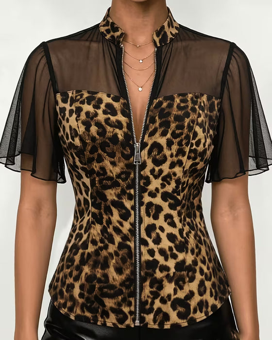 Bluse Leopard Patchwork Mandarin Krave Glidelås