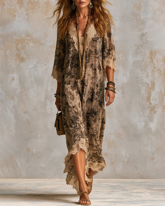 Kjole V-Hals Blonde Patchwork Asymmetrisk