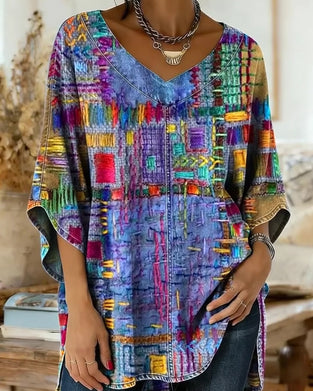 Bluse Med Fargerikt Geometrisk Print Og Vide Ermer