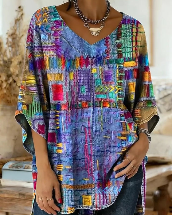 Bluse Med Fargerikt Geometrisk Print Og Vide Ermer