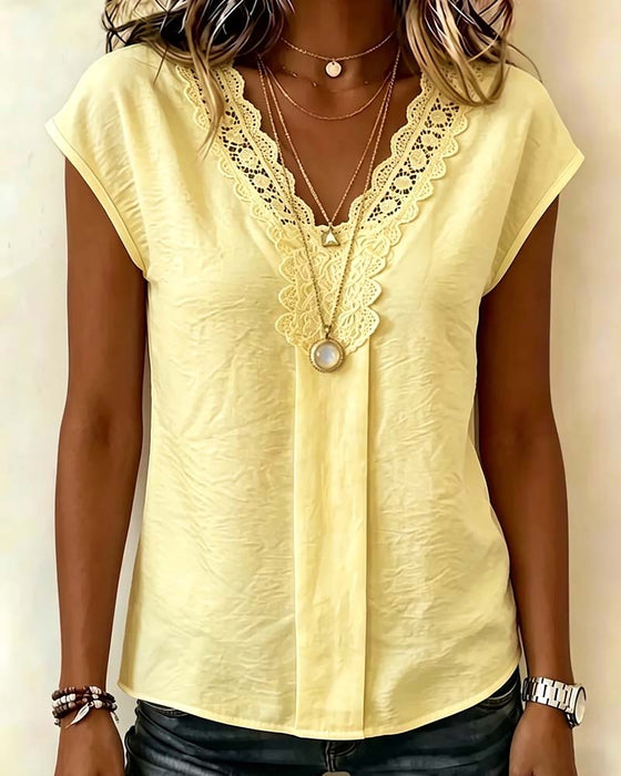 Bluse V-Hals Blonder Patchwork Casual