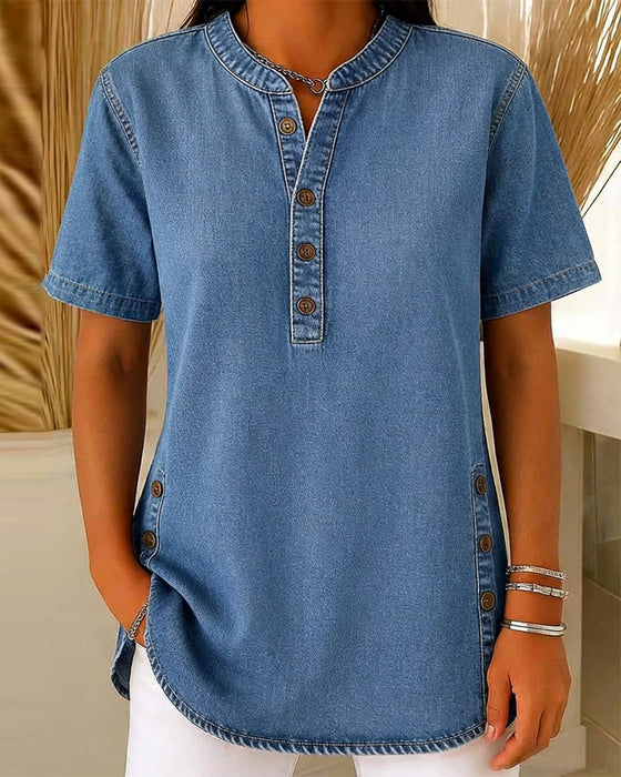 Topp Knepp-Front Denim Kort Erme