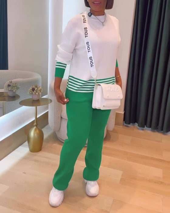 Stripete Kontrast Pullover Bukse Sett
