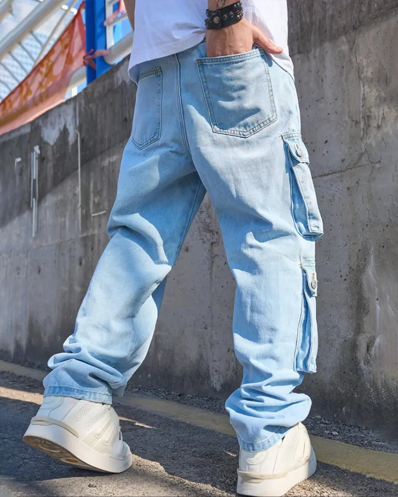 Jeans Herre Løs Solid Klaff Lomme Cargo Denim