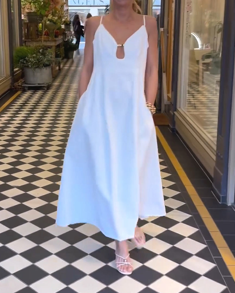 Kjole V-Utringning Spagettistropp Ensfarget