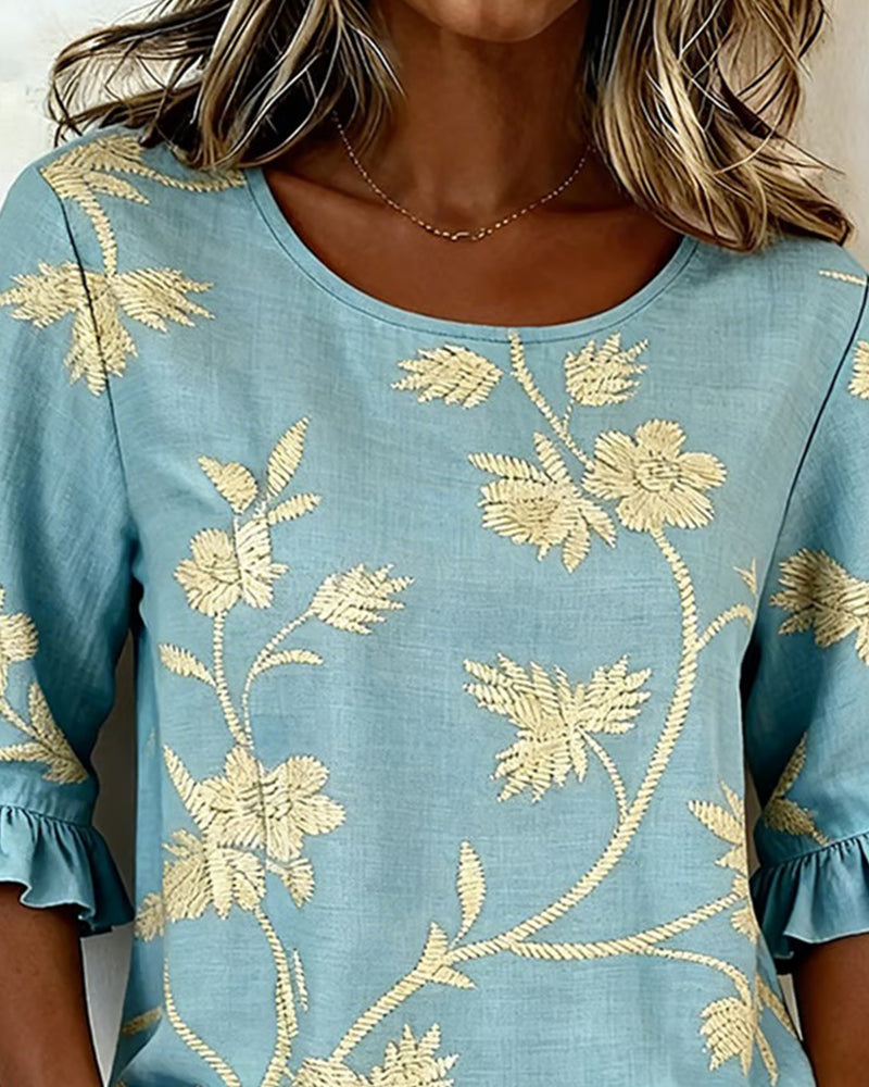 Bluse Jasmin Rysje Rund Hals Halvlang Erme