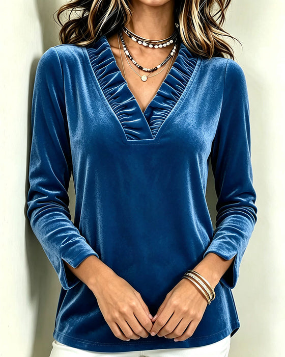 Bluse V-Hals Ruffle Rynket Splitt