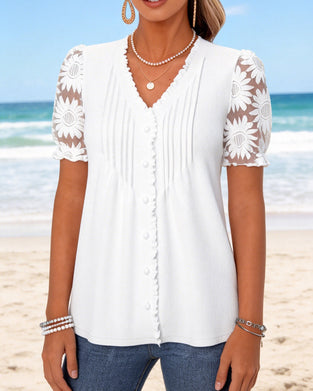 T-Shirt V-Hals Knapp Plissert Blonder Patchwork
