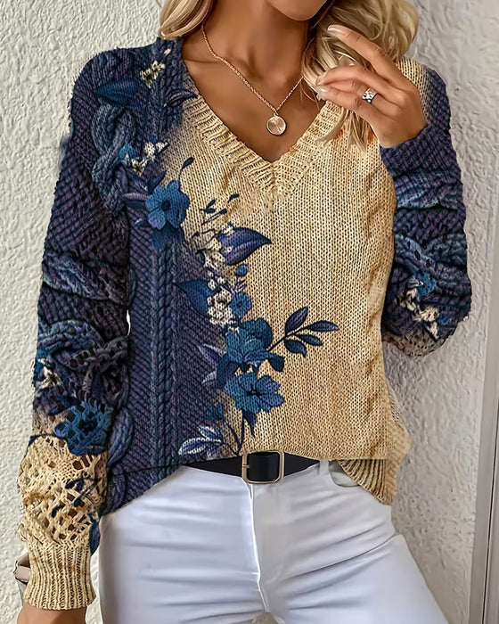 Pullover Gradient Fargeblokk Blomstret V-Hals Uthuling