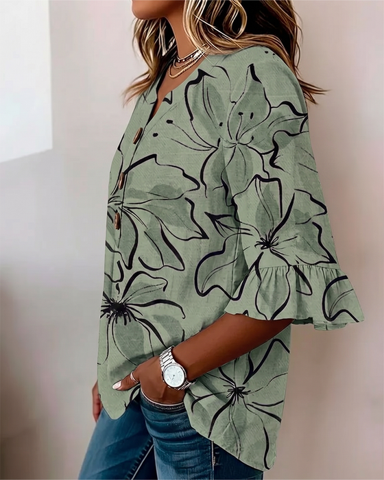 Bluse V-Utringning Blomstret Rysje 3/4-Erm