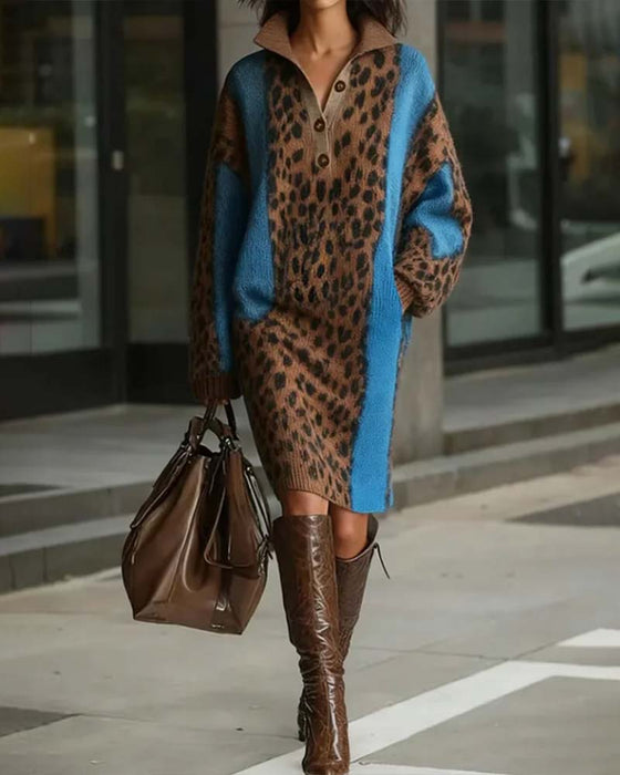Stilfull Kjole Med Leopardprint Og Kontrastdetaljer
