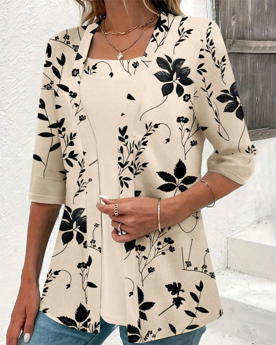 Elegant Falsk To-delt T-skjorte med Blomster-mønster