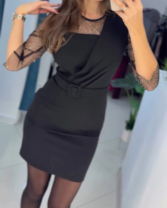 Kjole Mesh Hette Rhinestone Slim Fit Hoftehugget
