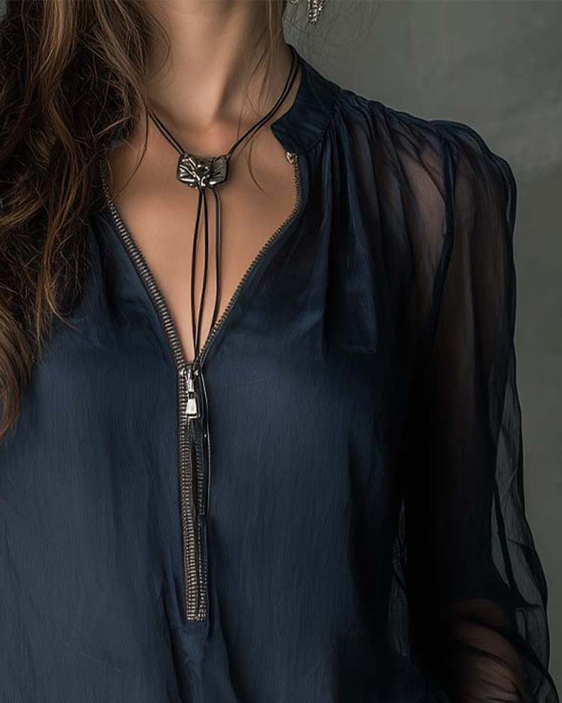 Bluse Halv-glidelås Mesh Lang-ermet