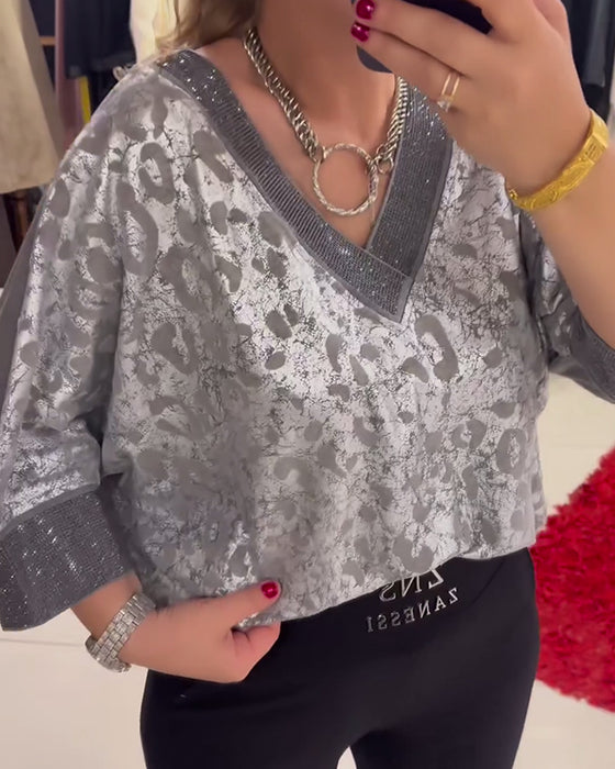 V-hals printet avslappet bluse