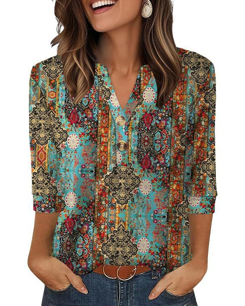 Bluse V-Hals Knappet Trekvart Erme