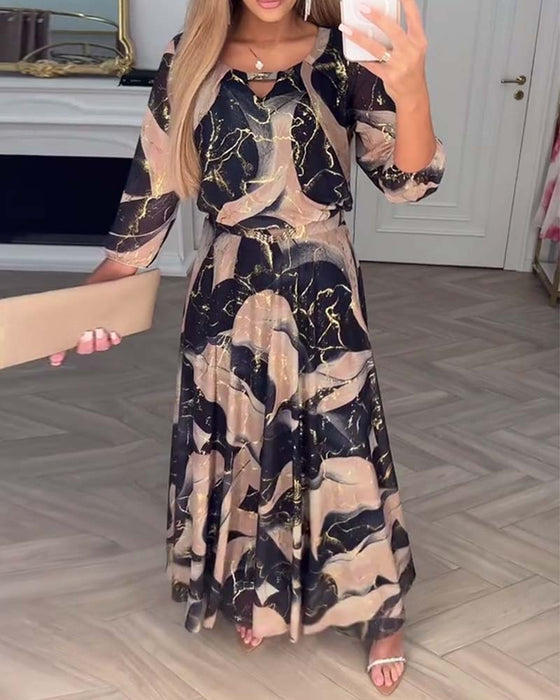 Kjole Elegant Trekvarts Erme Trykket Midje