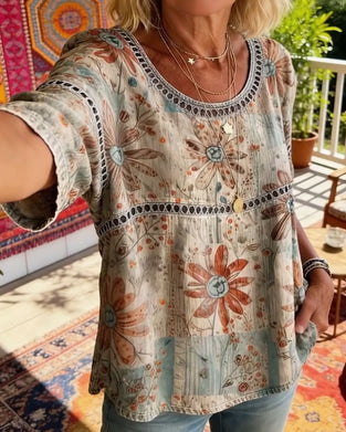 Topp Gjennombrutt Rund Hals Trykt