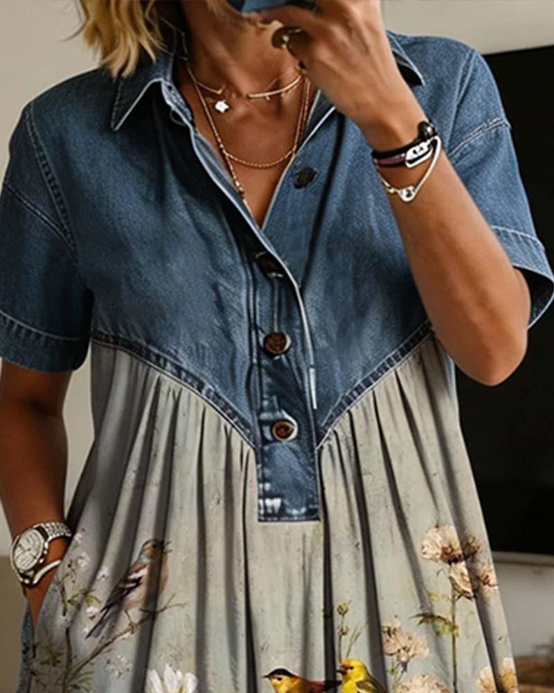 Kjole Skjortekrage Blomstret Denim Patchwork